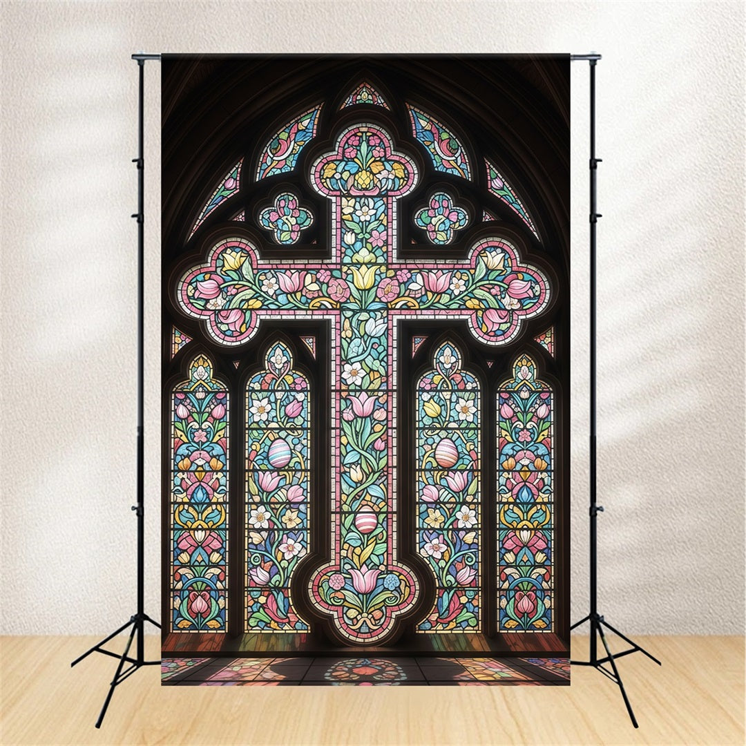 Stained Glass Window Backdrop Cathedral Cross Ornate Gothic Easter Backdrops CSH61-15