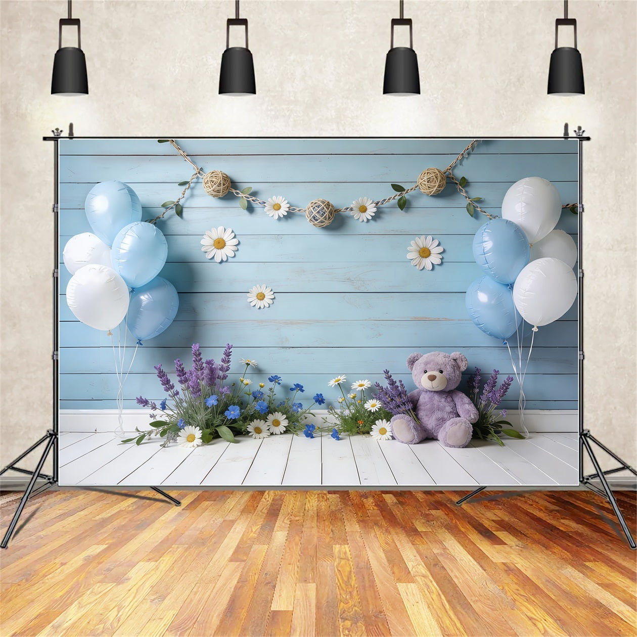 Daisy Flower Backdrop Blue Wooden Wall Balloon Teddy Floral Backdrop For Pictures CSH61-150