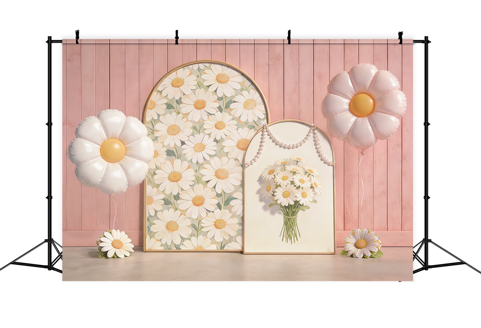 Daisy Flower Backdrop Pink Wooden Wall Arch Balloon Floral Backdrop For Pictures CSH61-151