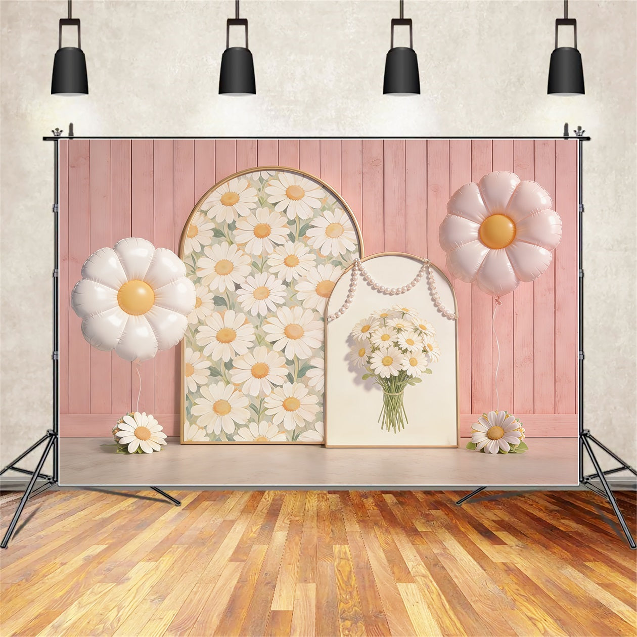 Daisy Flower Backdrop Pink Wooden Wall Arch Balloon Floral Backdrop For Pictures CSH61-151