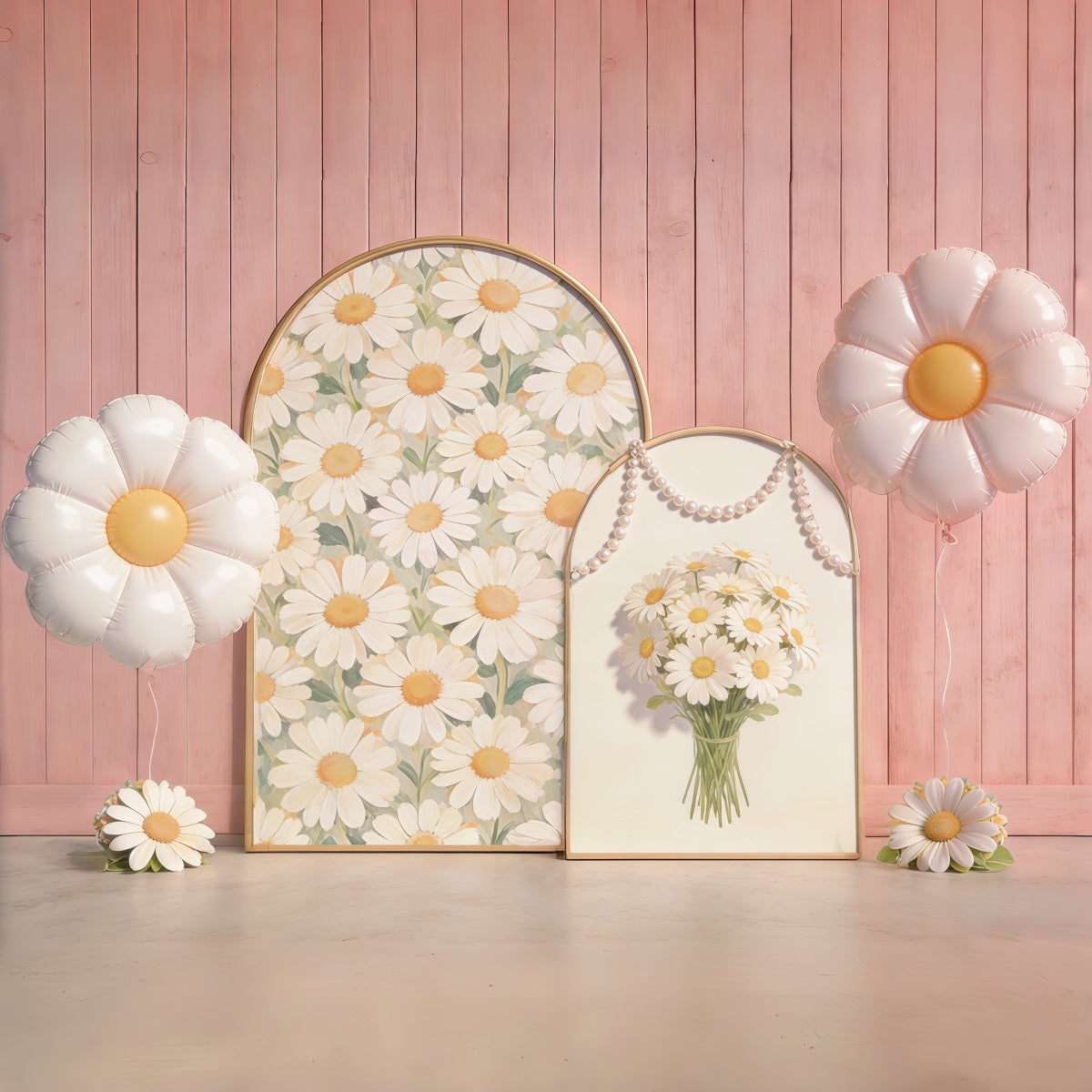 Daisy Flower Backdrop Pink Wooden Wall Arch Balloon Floral Backdrop For Pictures CSH61-151