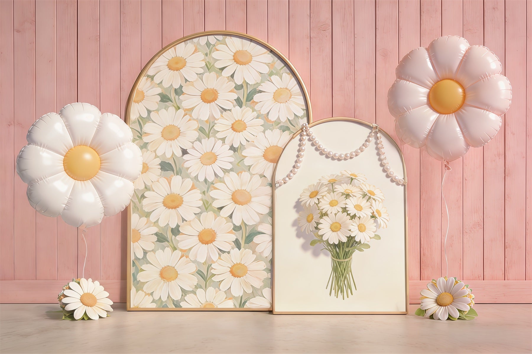 Daisy Flower Backdrop Pink Wooden Wall Arch Balloon Floral Backdrop For Pictures CSH61-151