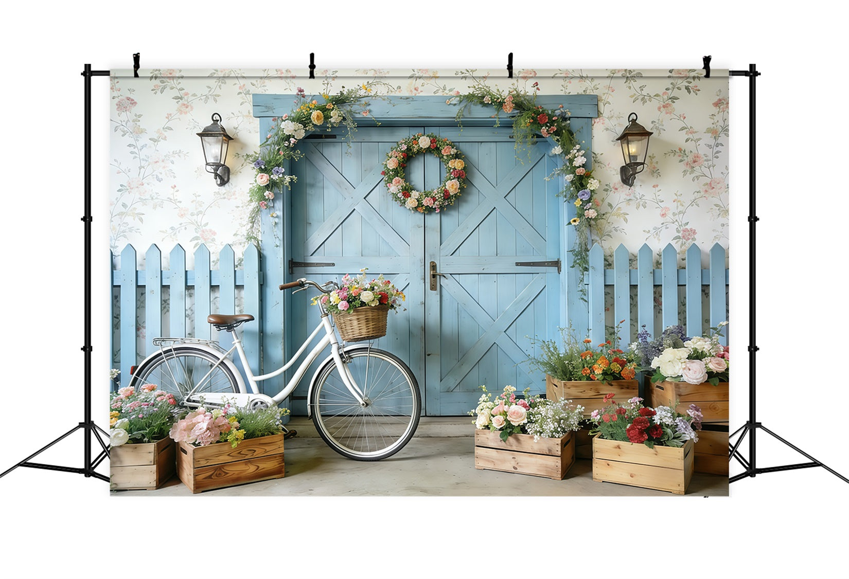 Bicycle Backdrop Blue Barn Door Bicycle Blooms Spring Backdrops CSH61-152