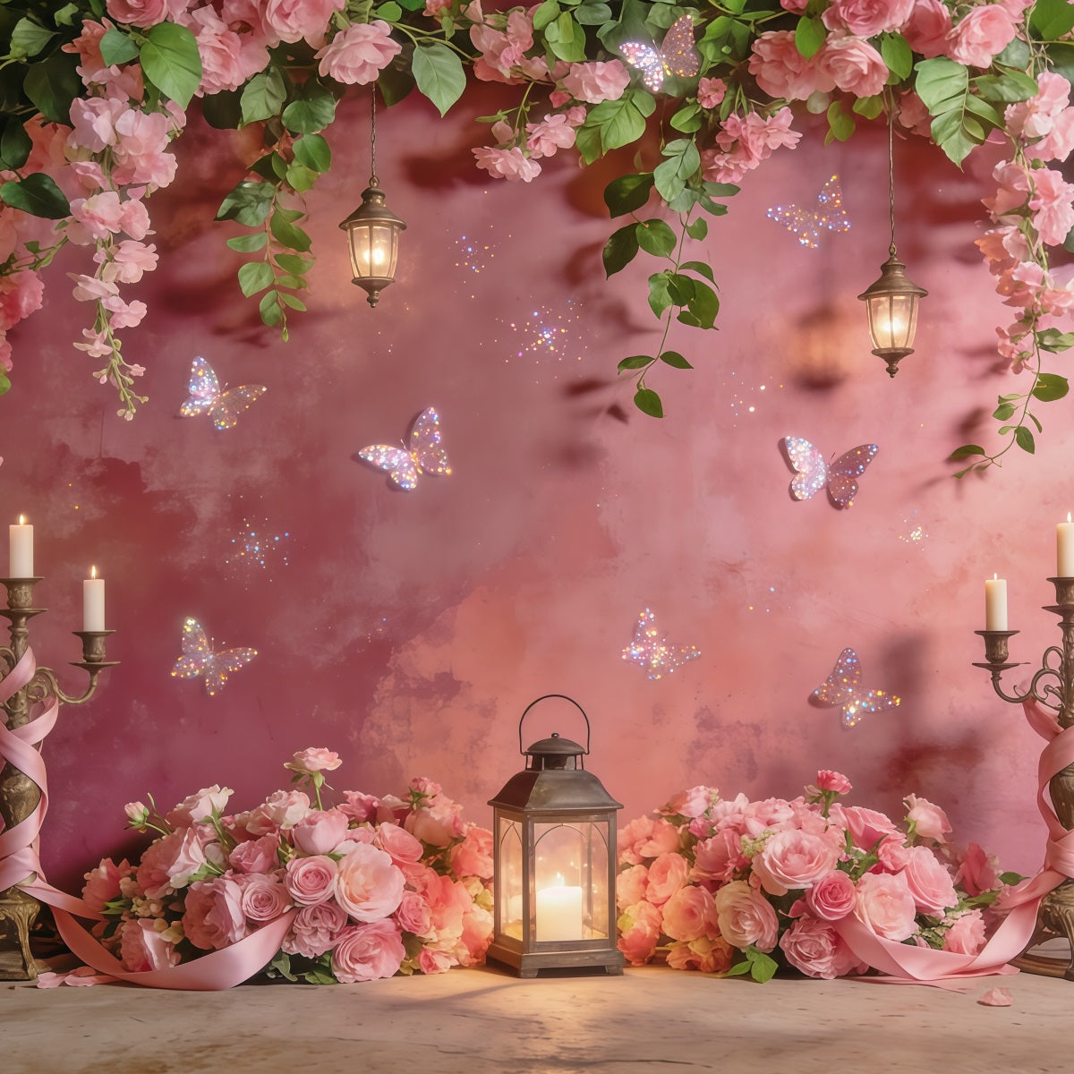 Hanging Vine Backdrop Rose Lantern Butterfly Glow Spring Photo Backdrops CSH61-154