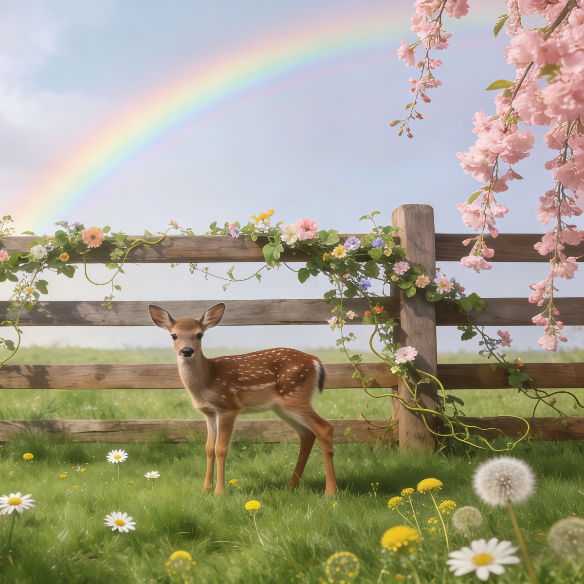 Lawn Fawn Spring Flowers Backdrop Meadow Fawn Rainbow Blossom Spring Backdrop Photography CSH61-157