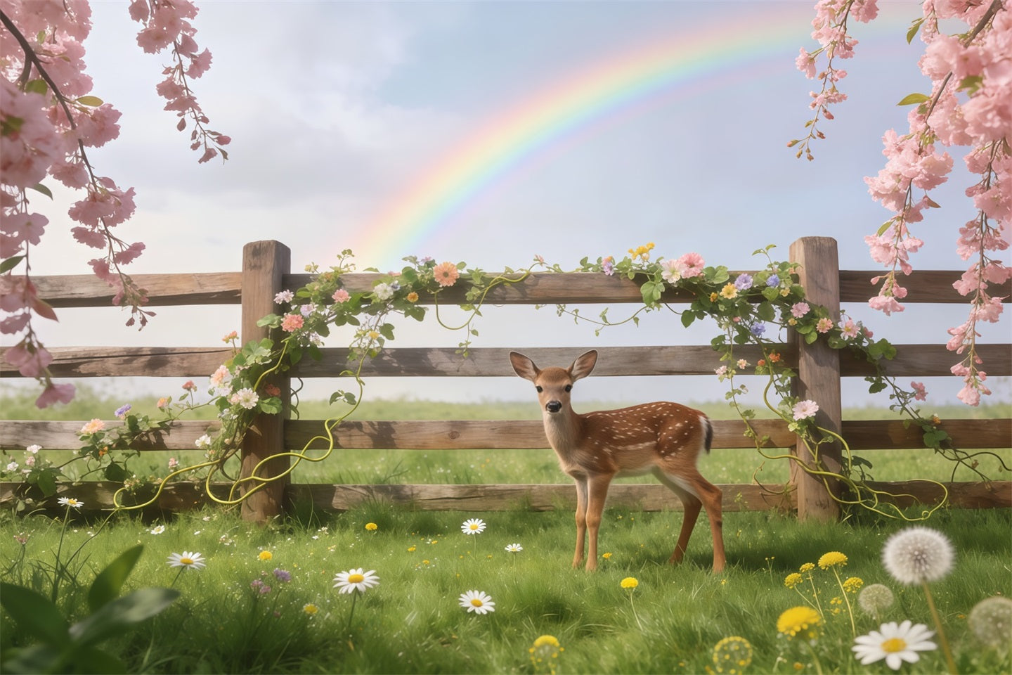 Lawn Fawn Spring Flowers Backdrop Meadow Fawn Rainbow Blossom Spring Backdrop Photography CSH61-157