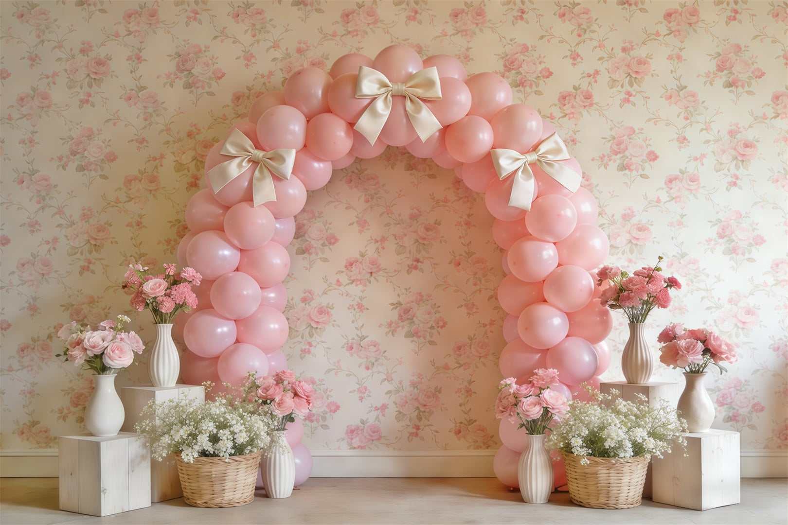 Spring Balloon Backdrop Pink Bow Arch Flower Decor Wall Backdrop Spring CSH61-159