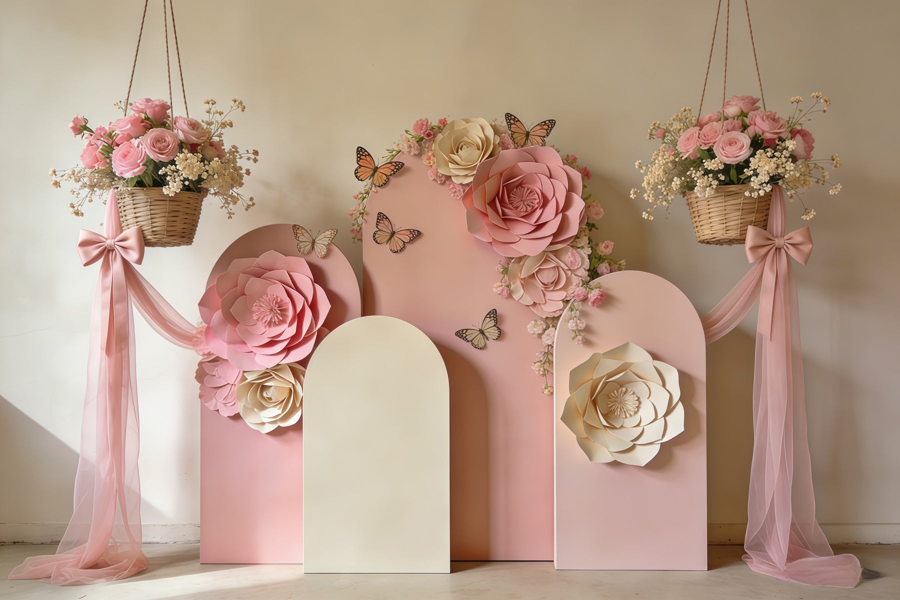 Spring Paper Flower Backdrop Blush Bloom Arch Bow Drape Photography Backdrop Floral CSH61-162