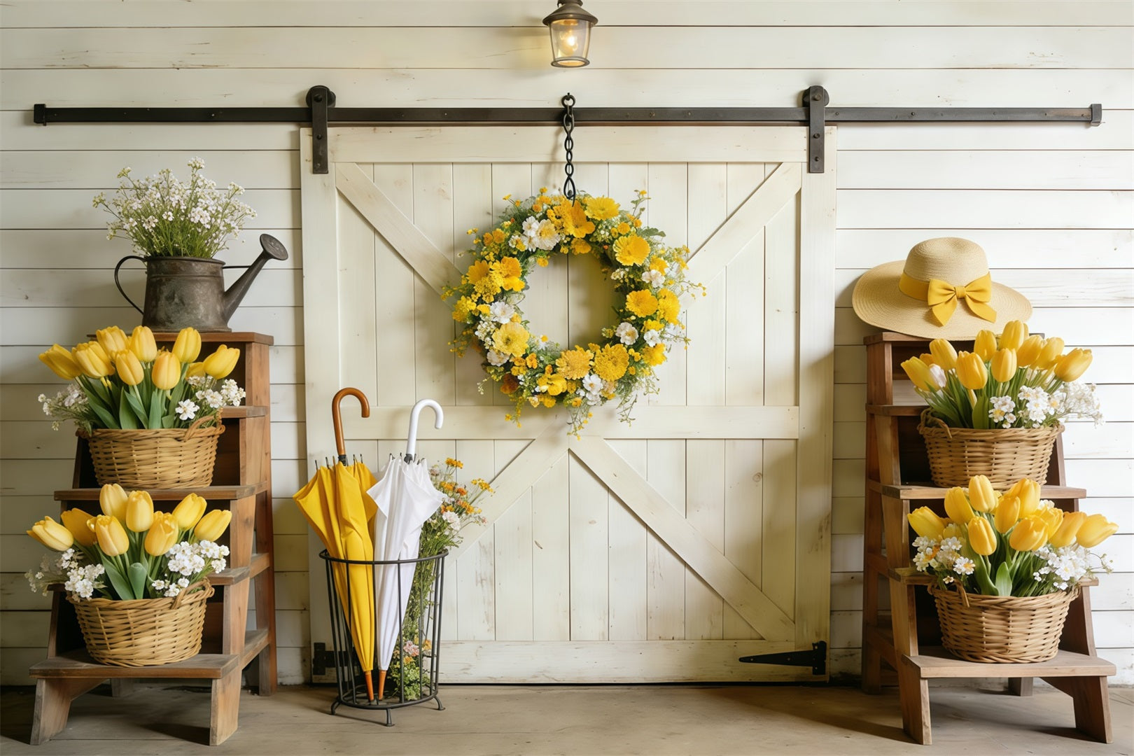 Spring Barn Door Photography Backdrop Yellow Tulip Barn Door Spring Photo Backdrop Ideas CSH61-163