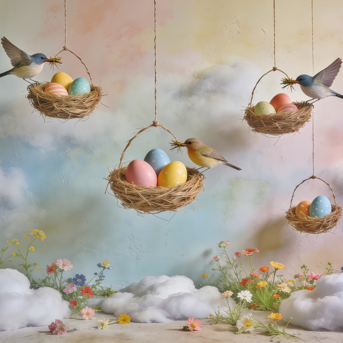 Spring Bird Nest Backdrop Egg Nest Pastel Sky Wildflower Spring Time Backdrop CSH61-164