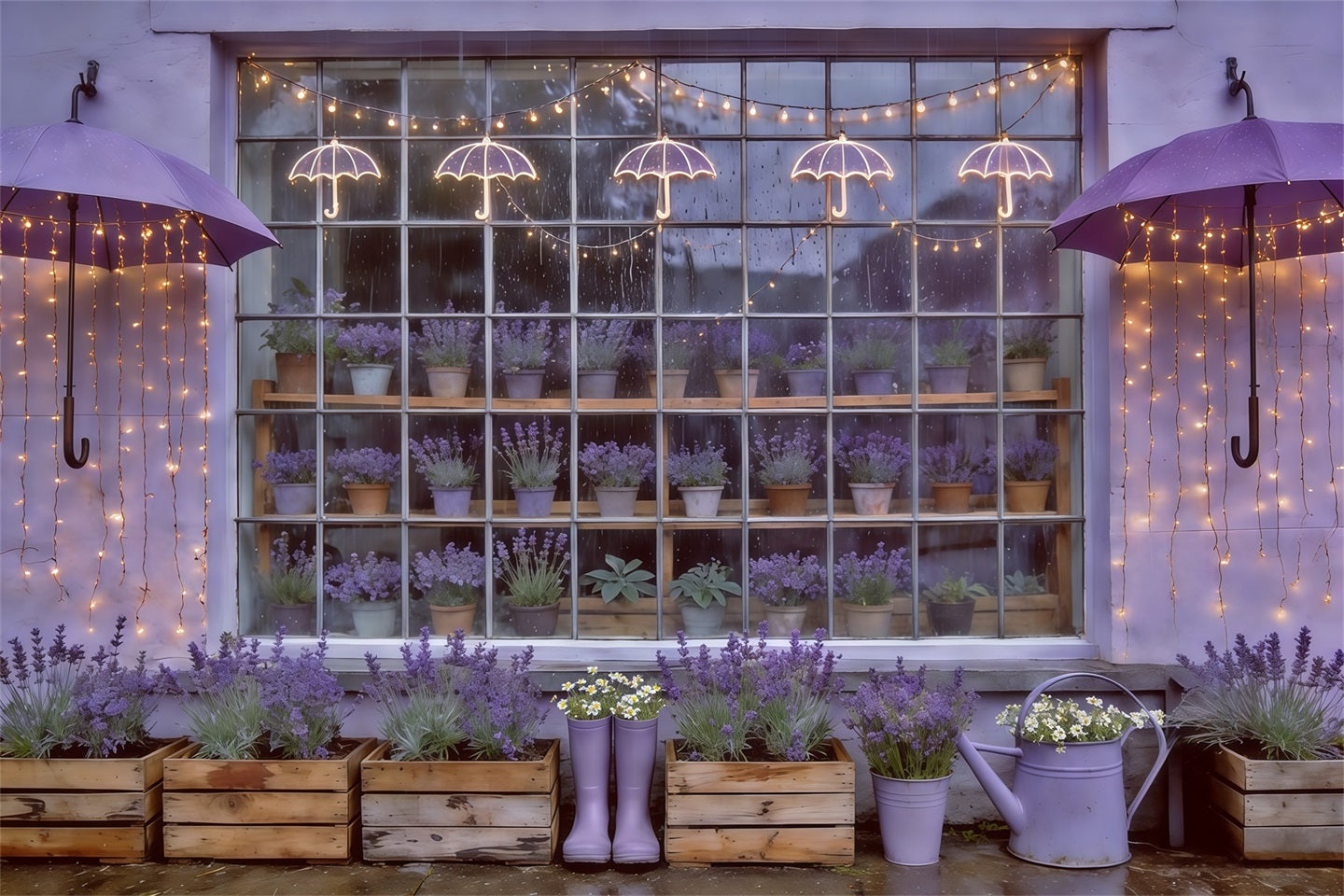 Spring Umbrella And Rain Boots Backdrop Lavender Garden Window Lights Springtime Backdrop CSH61-166