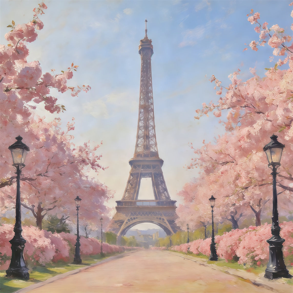 Spring Oil Painting Backdrop Paris Cherry Blossom Avenue Photo Backdrop Spring CSH61-167