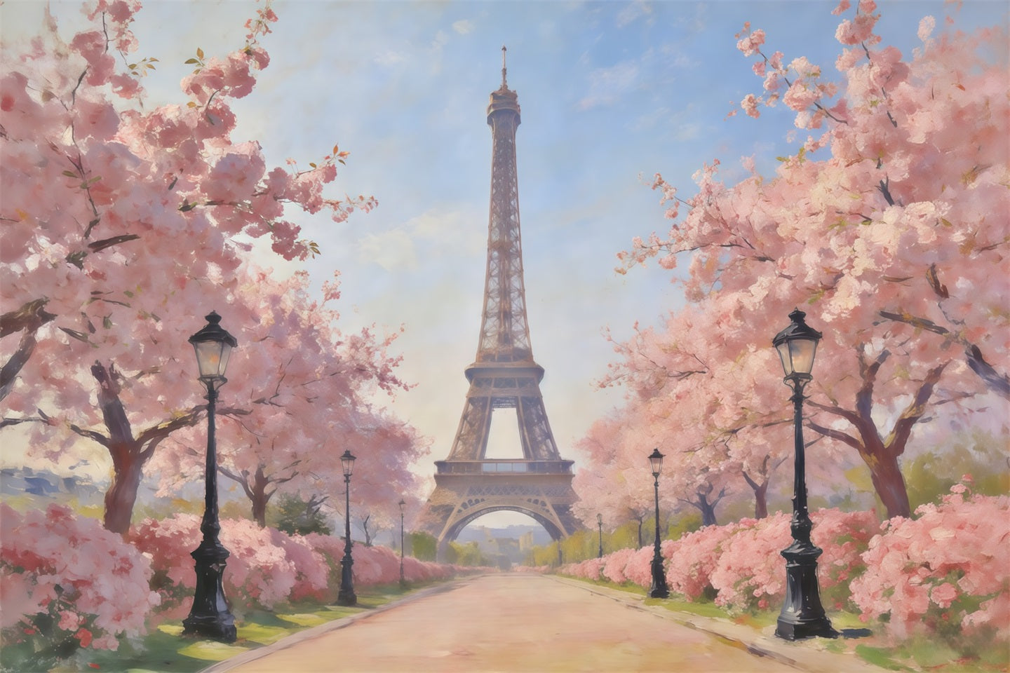 Spring Oil Painting Backdrop Paris Cherry Blossom Avenue Photo Backdrop Spring CSH61-167