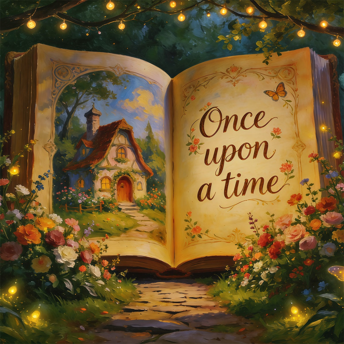 Spring Storybook Fairytale Backdrop Fairy Tale Book Garden Path Springtime Backdrops CSH61-168