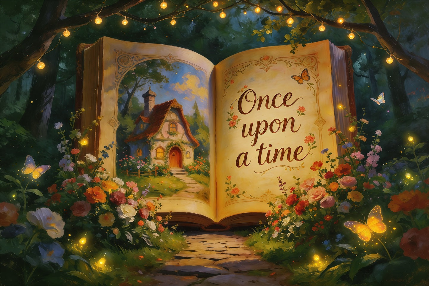 Spring Storybook Fairytale Backdrop Fairy Tale Book Garden Path Springtime Backdrops CSH61-168