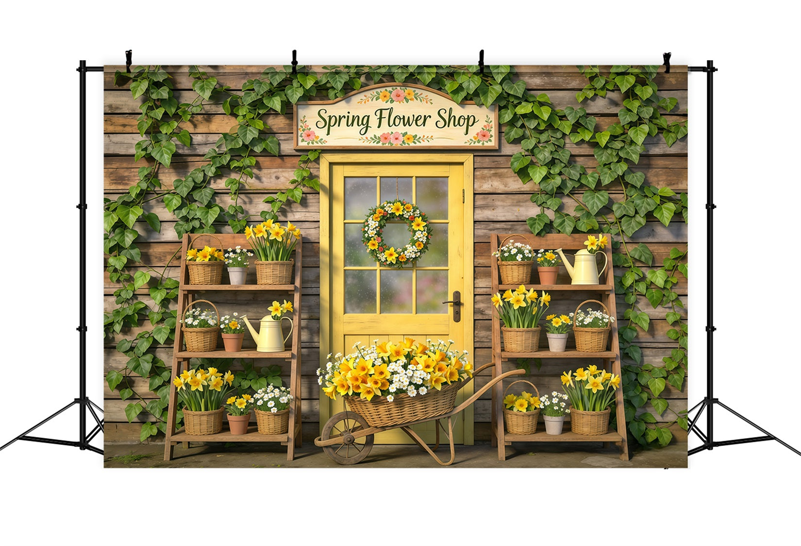 Spring Flower Shop Backdrop Yellow Door Floral Baskets Spring Theme Backdrop CSH61-169