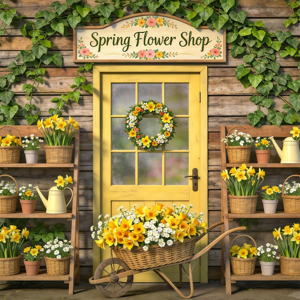Spring Flower Shop Backdrop Yellow Door Floral Baskets Spring Theme Backdrop CSH61-169