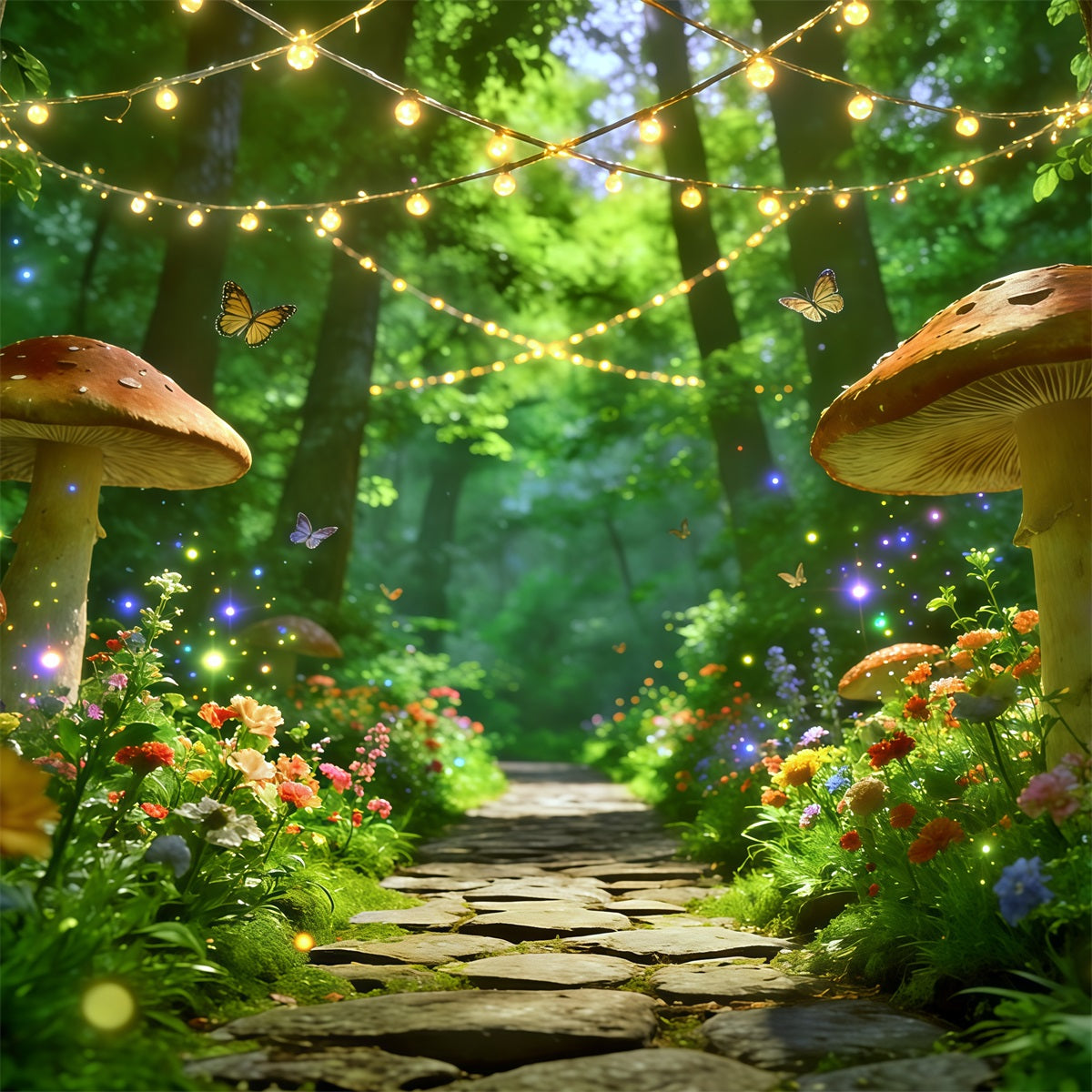 Spring Woodland Path Backdrop Enchanted Mushroom Light Path Spring Picture Backdrop CSH61-170