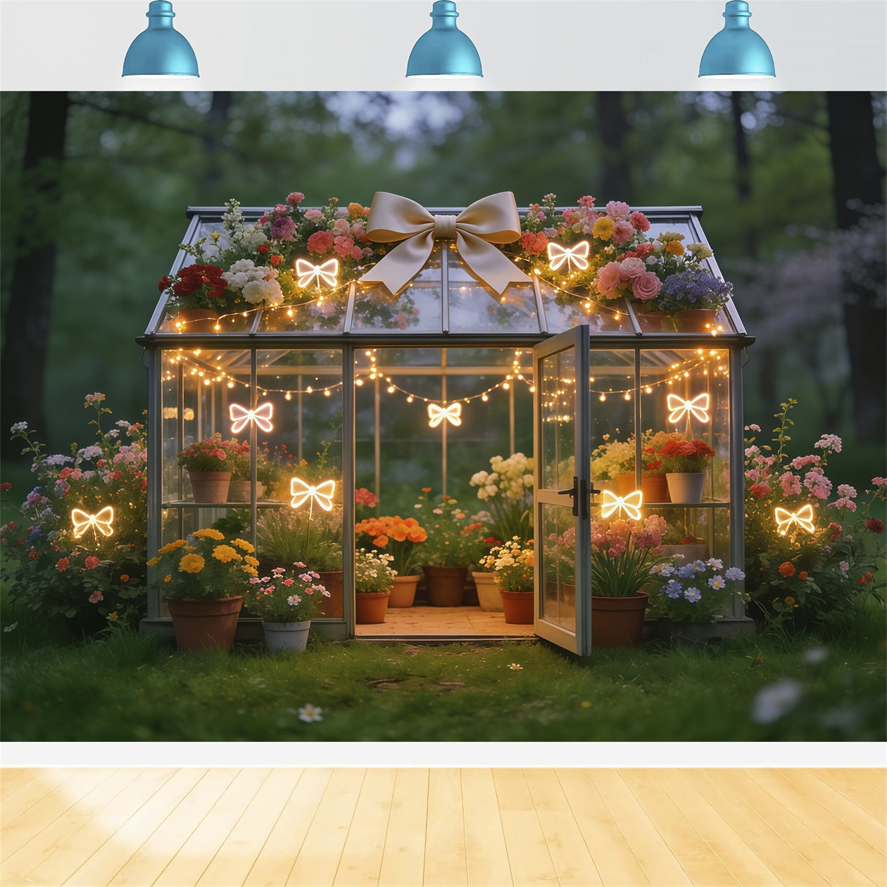 Spring Greenhouse Backdrop Glowing Bow Garden Floral Spring Backdrops CSH61-171