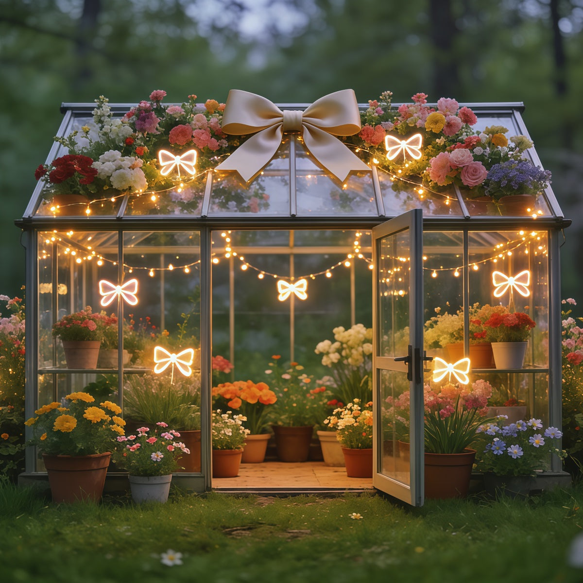 Spring Greenhouse Backdrop Glowing Bow Garden Floral Spring Backdrops CSH61-171