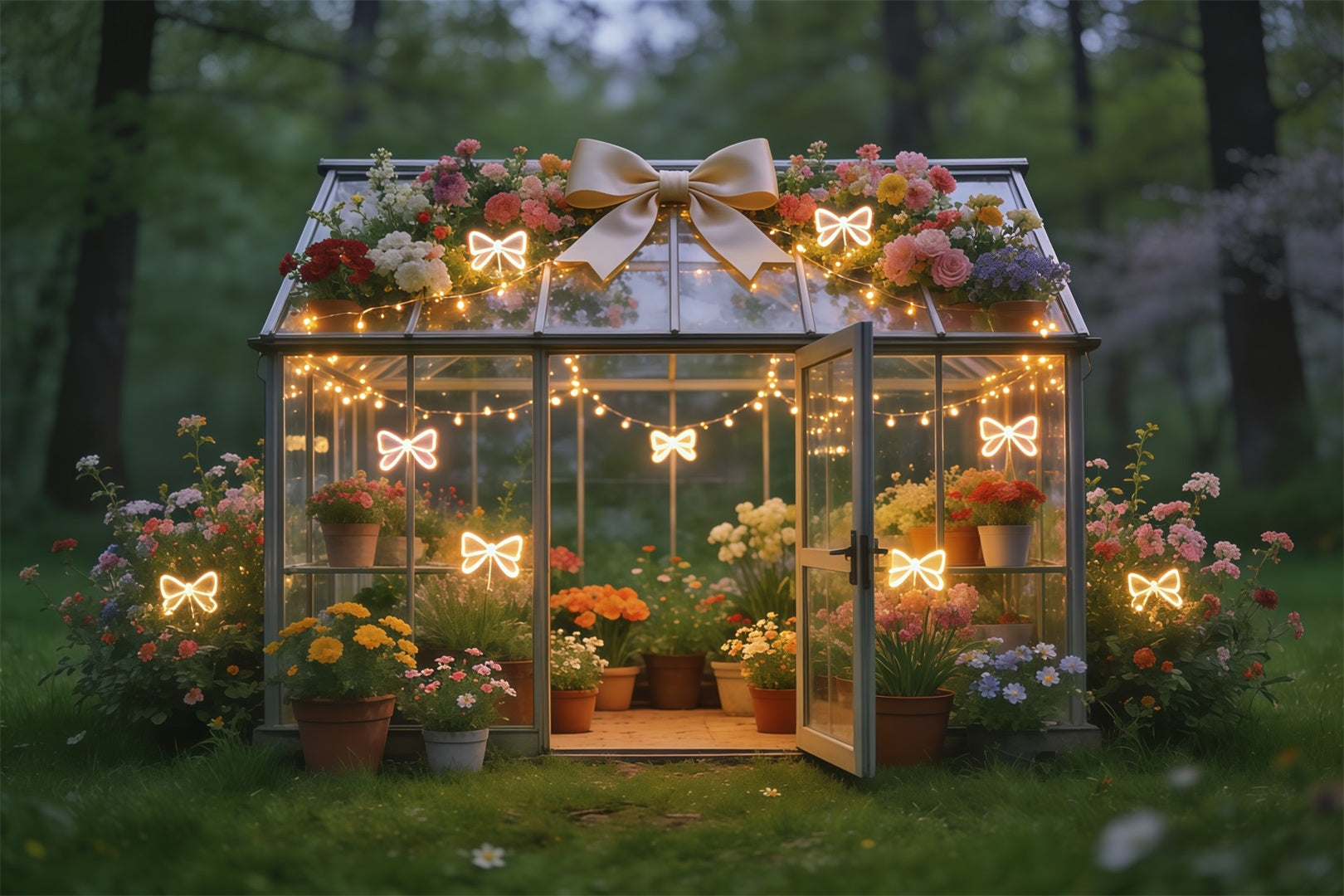 Spring Greenhouse Backdrop Glowing Bow Garden Floral Spring Backdrops CSH61-171
