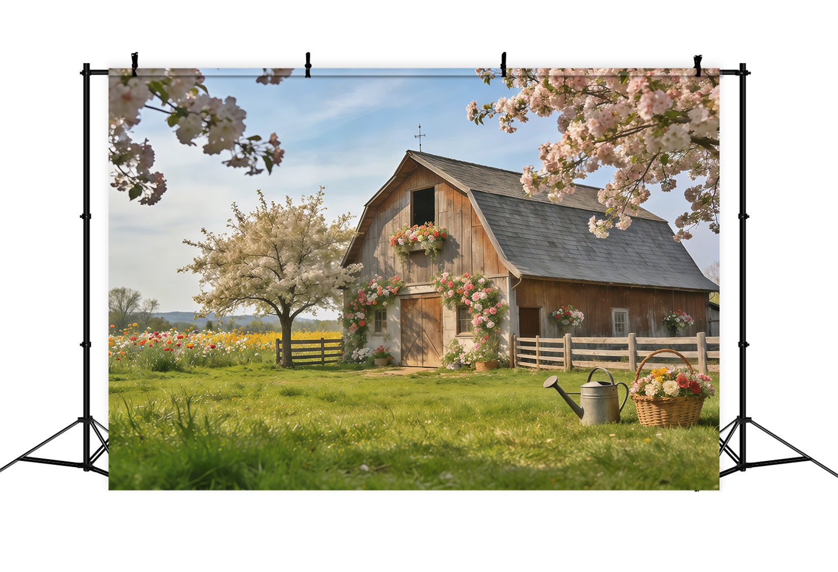Spring Barn Backdrop Rustic Farmhouse Blossom Meadow Spring Backdrops For Photography CSH61-172