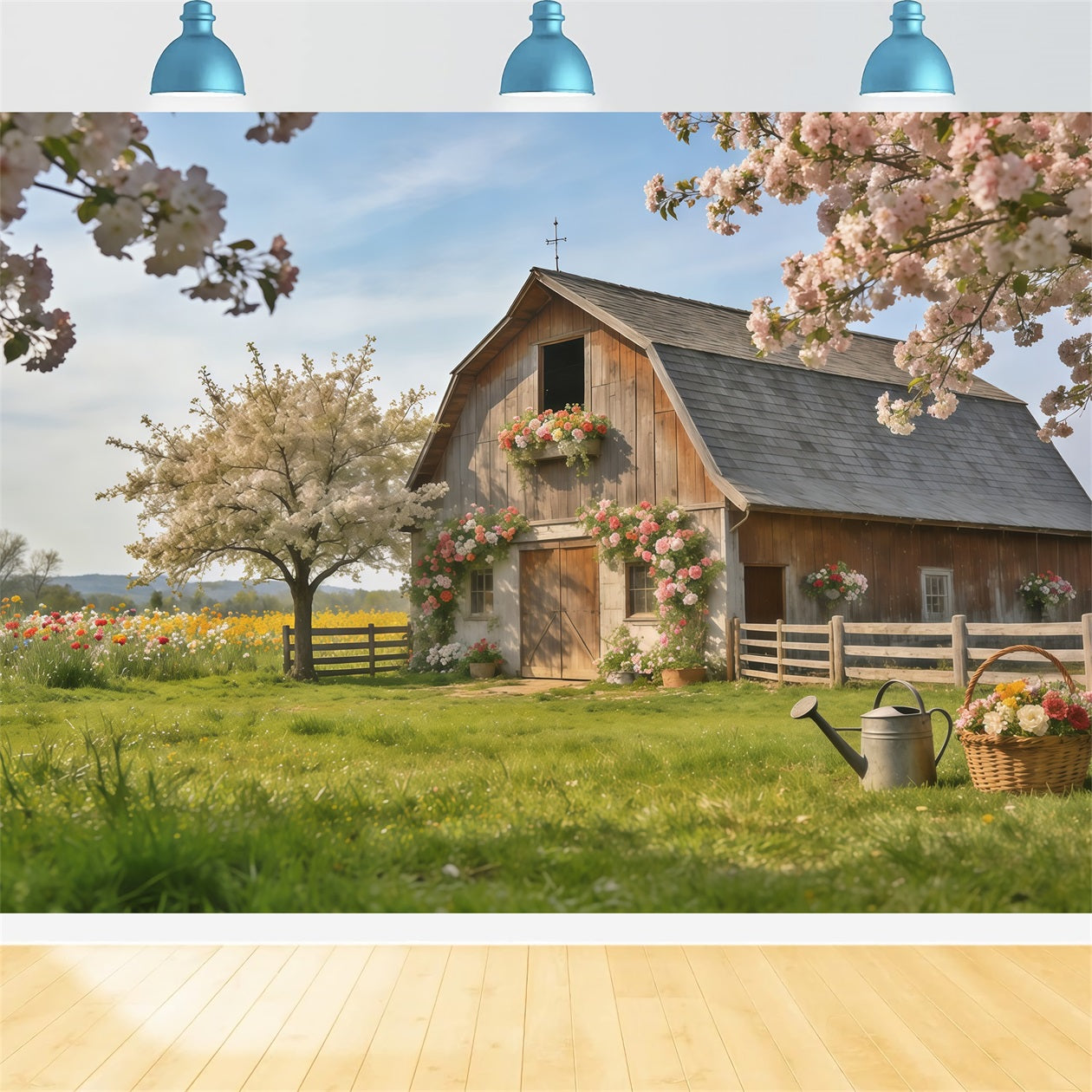 Spring Barn Backdrop Rustic Farmhouse Blossom Meadow Spring Backdrops For Photography CSH61-172