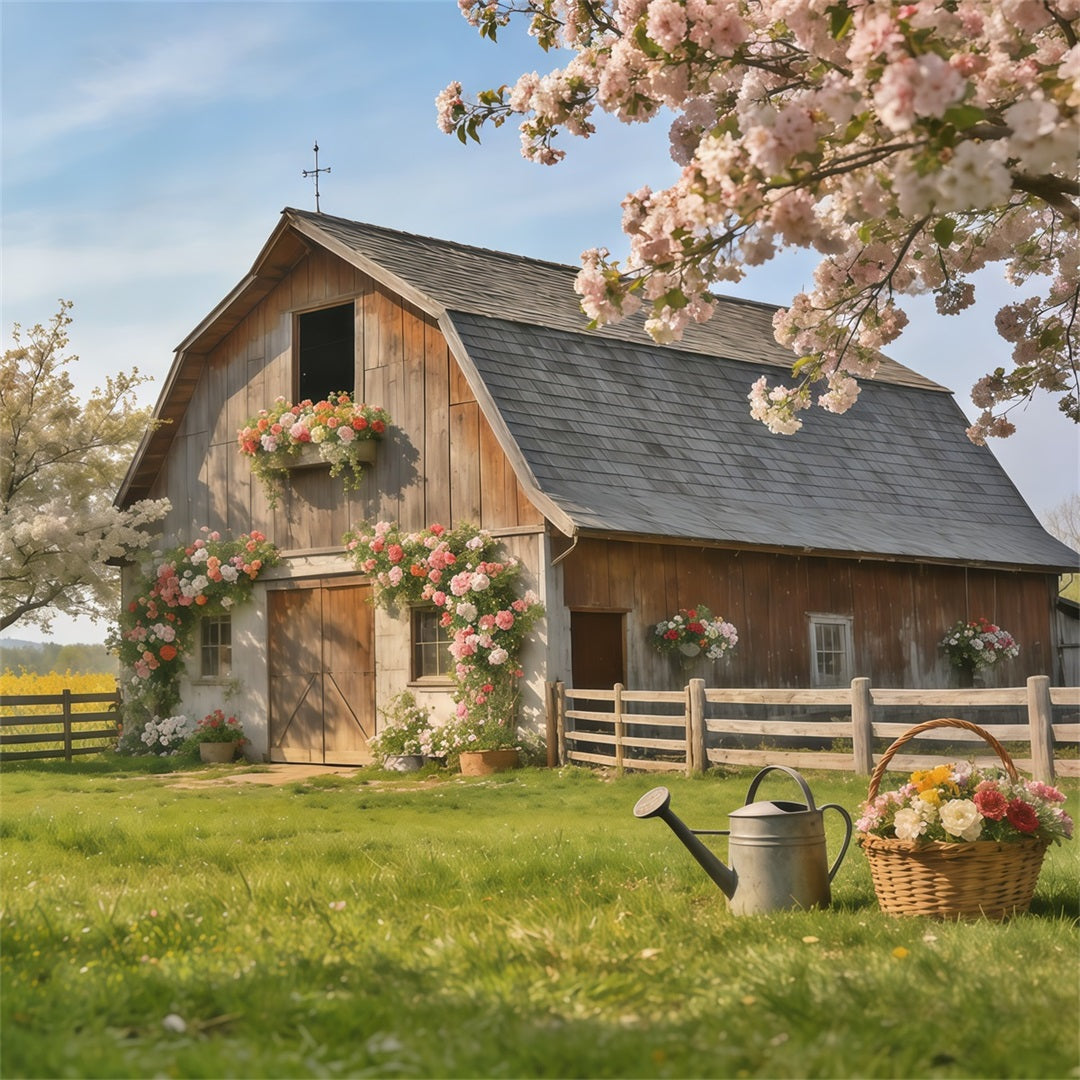 Spring Barn Backdrop Rustic Farmhouse Blossom Meadow Spring Backdrops For Photography CSH61-172