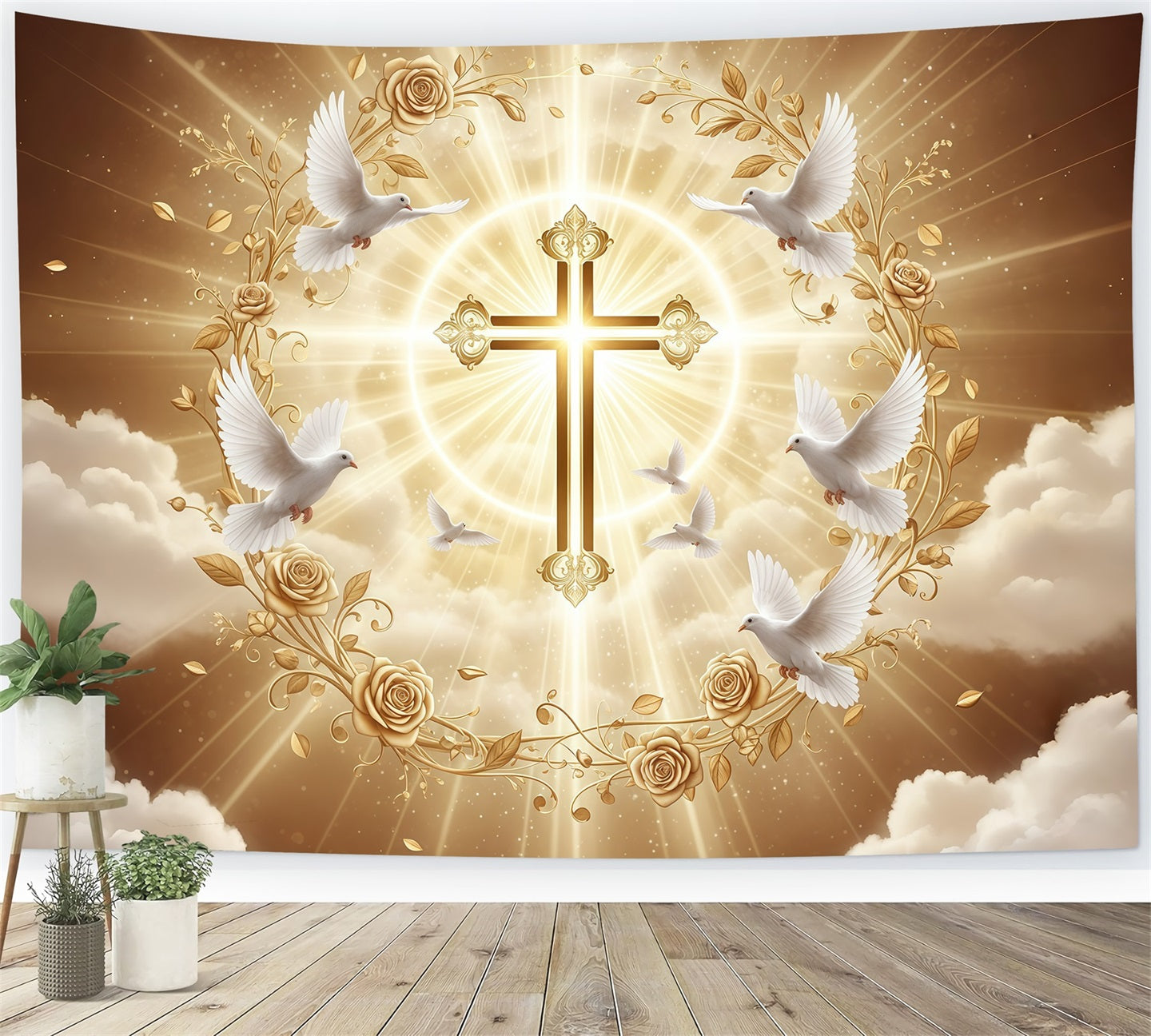 Church Easter Backdrops Golden Radiance Cross Songbirds Easter Backdrop Ideas CSH61-18