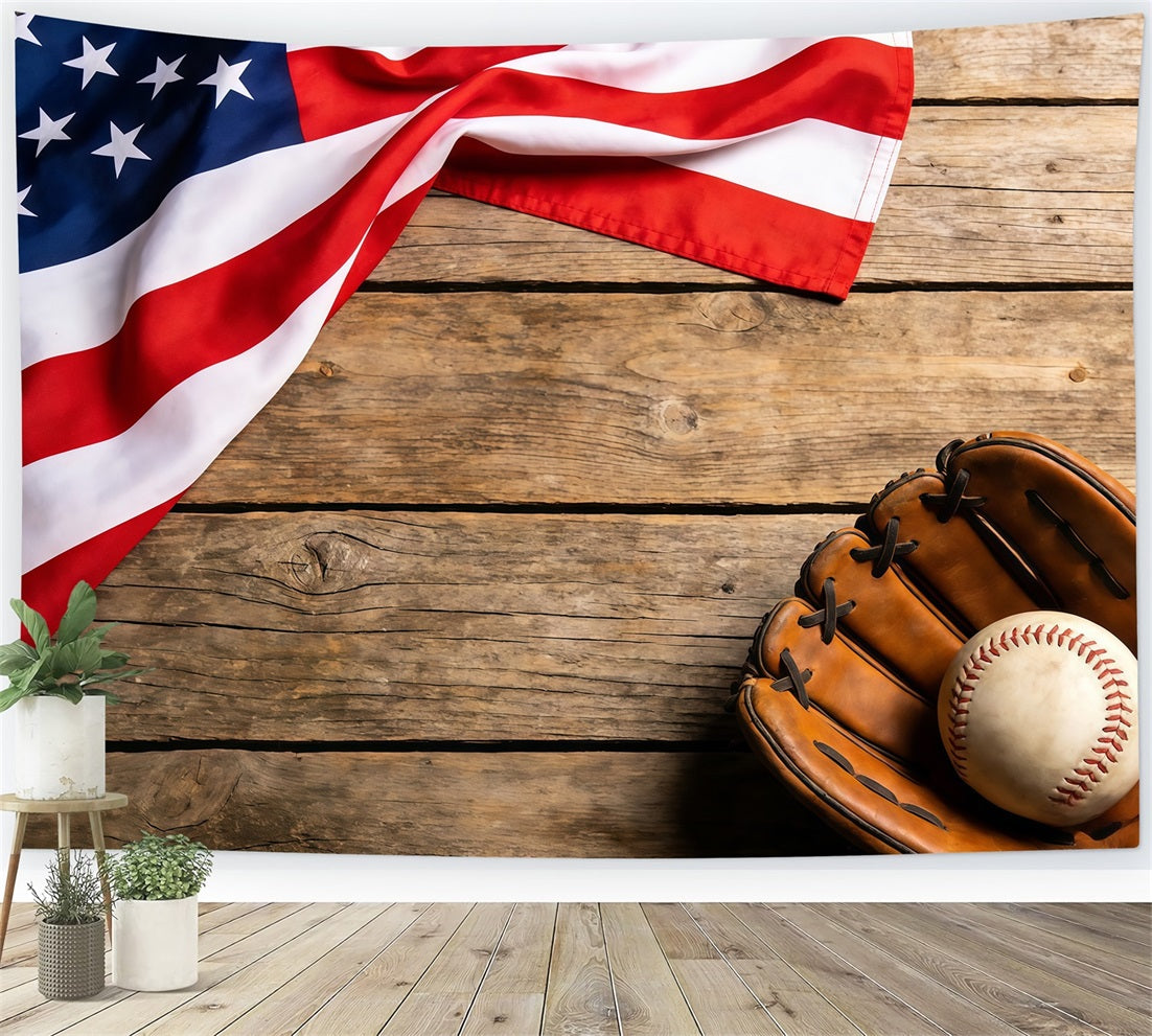 Baseball Photography Backdrop Patriotic Flag Glove Wood Sports Photo Backdrop CSH61-186