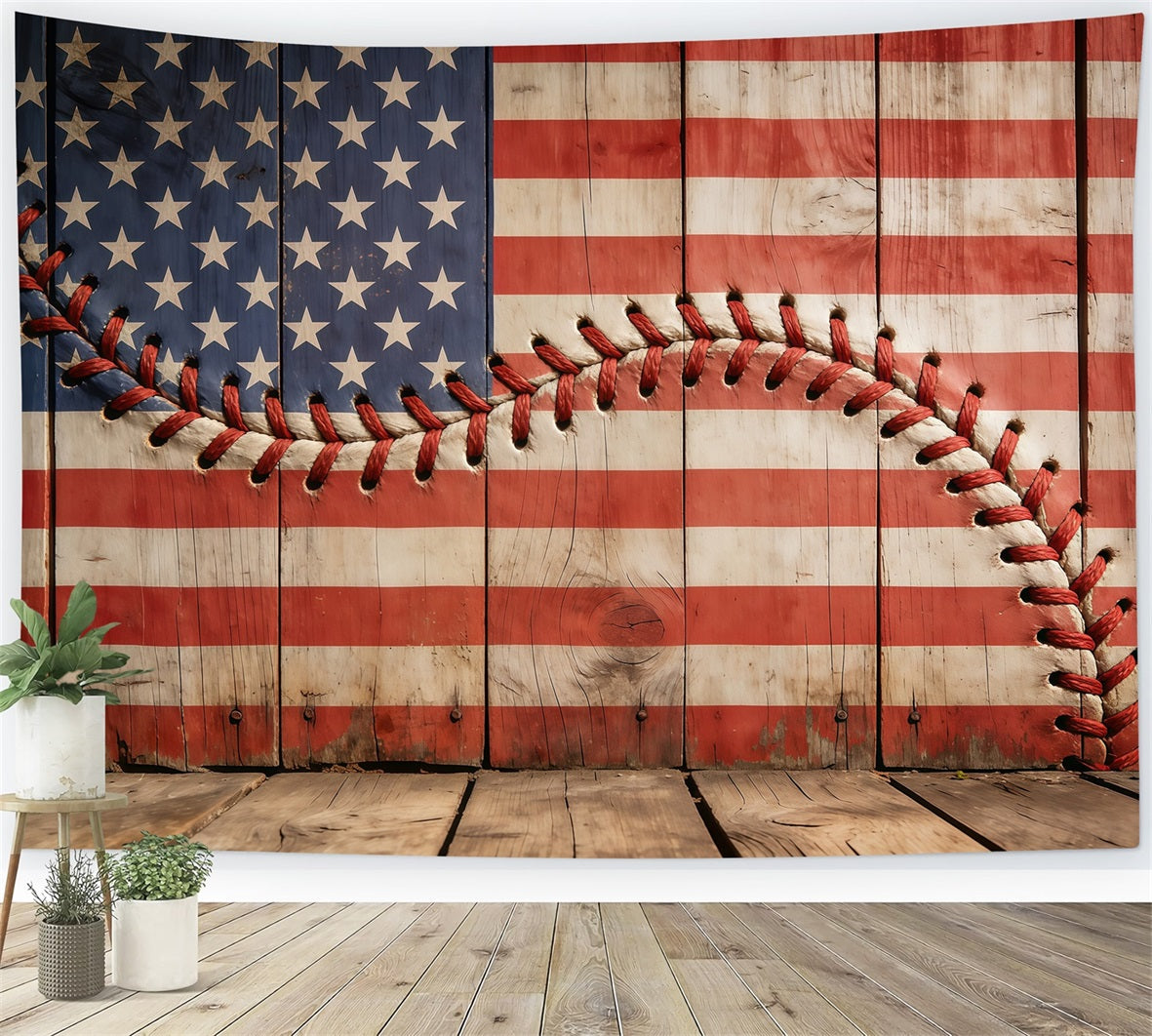 Baseball Backdrops Rustic Patriotic Stitch Wood Flag Sports Photo Backdrops CSH61-193