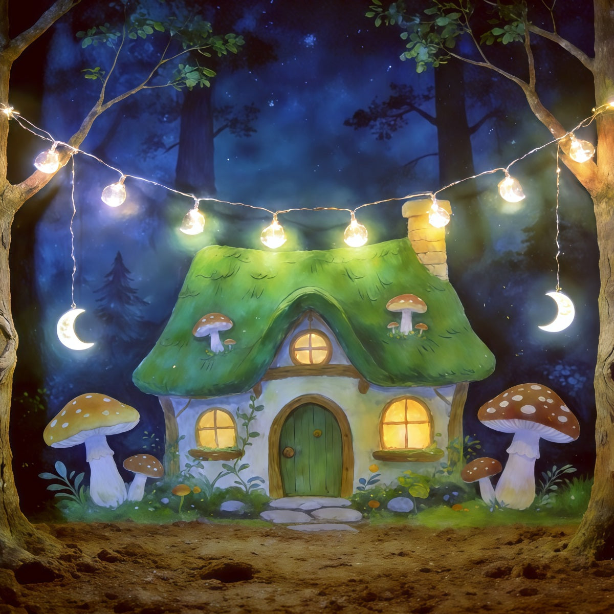 Cartoon Forest Backdrop Moonlit Mushroom Cottage Lights Forest Backdrop Ideas CSH61-213