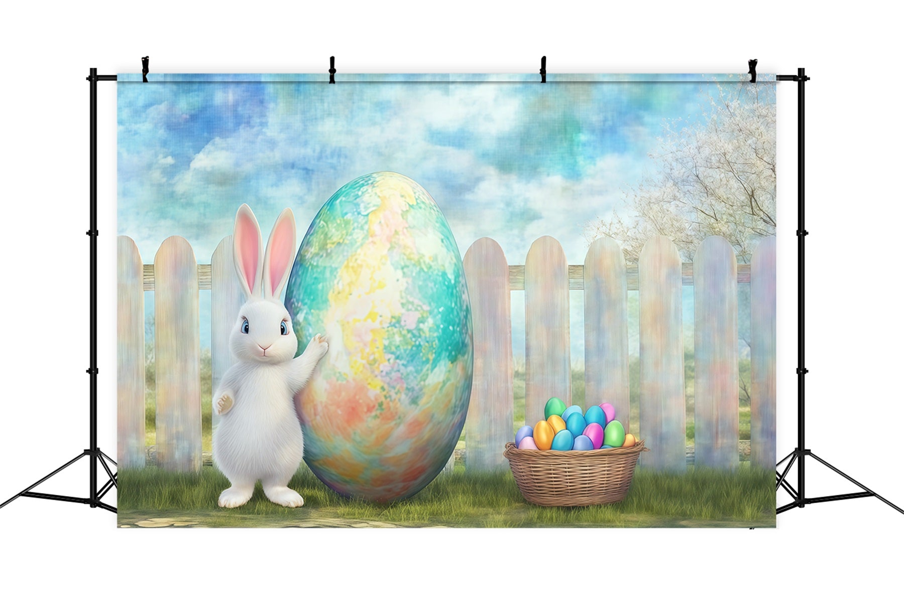 Easter Bunny Backdrop Giant Painted Egg Rustic Garden Backdrop Easter CSH61-27