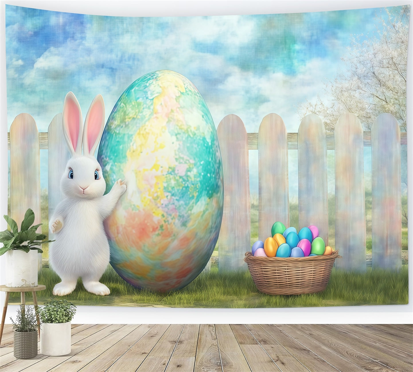 Easter Bunny Backdrop Giant Painted Egg Rustic Garden Backdrop Easter CSH61-27