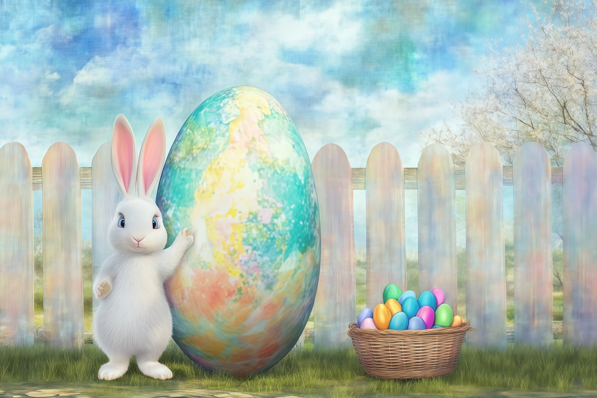Easter Bunny Backdrop Giant Painted Egg Rustic Garden Backdrop Easter CSH61-27