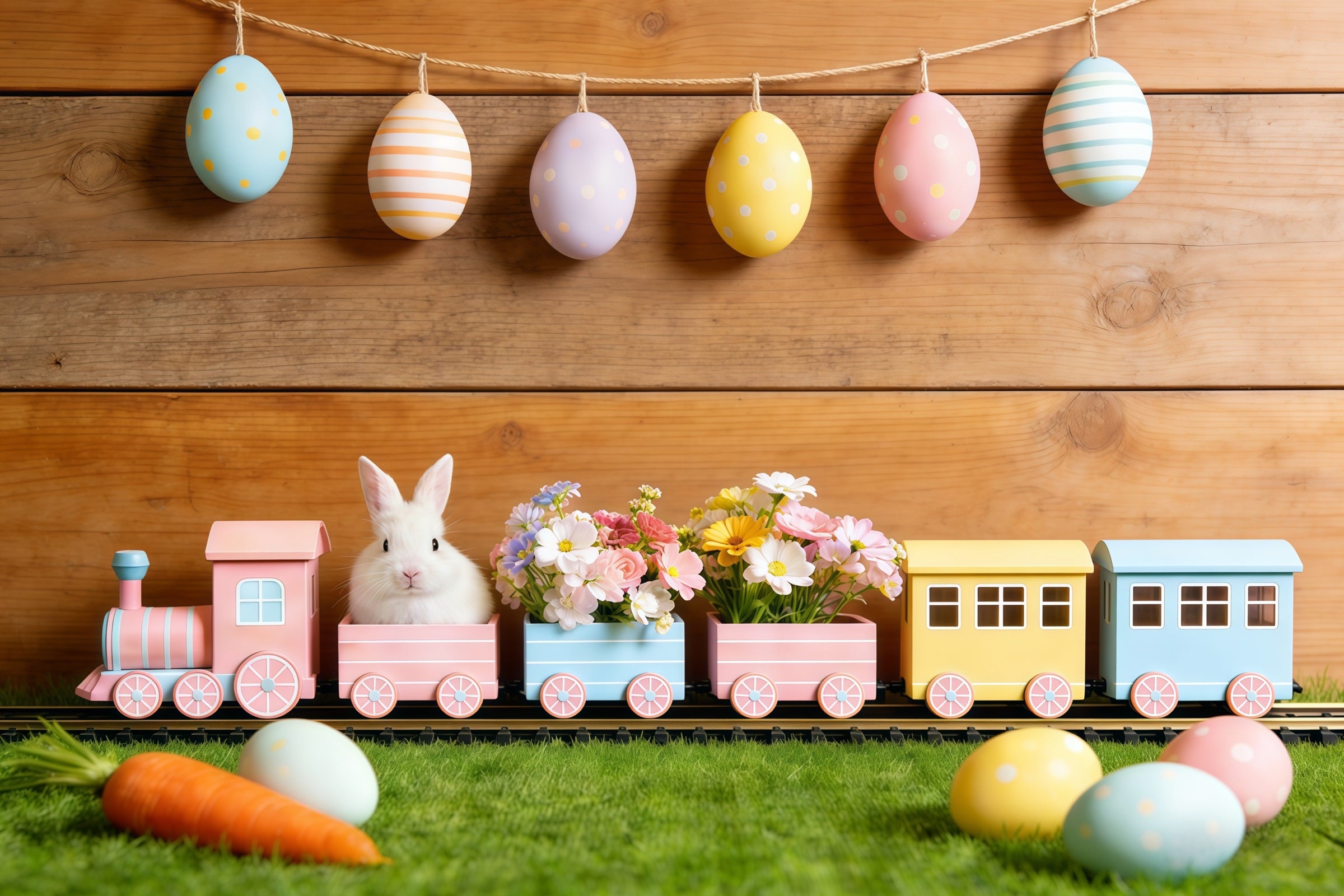 Easter Bunny Backdrop Pastel Egg Garland Wood Wall Easter Backdrop For Pictures CSH61-30