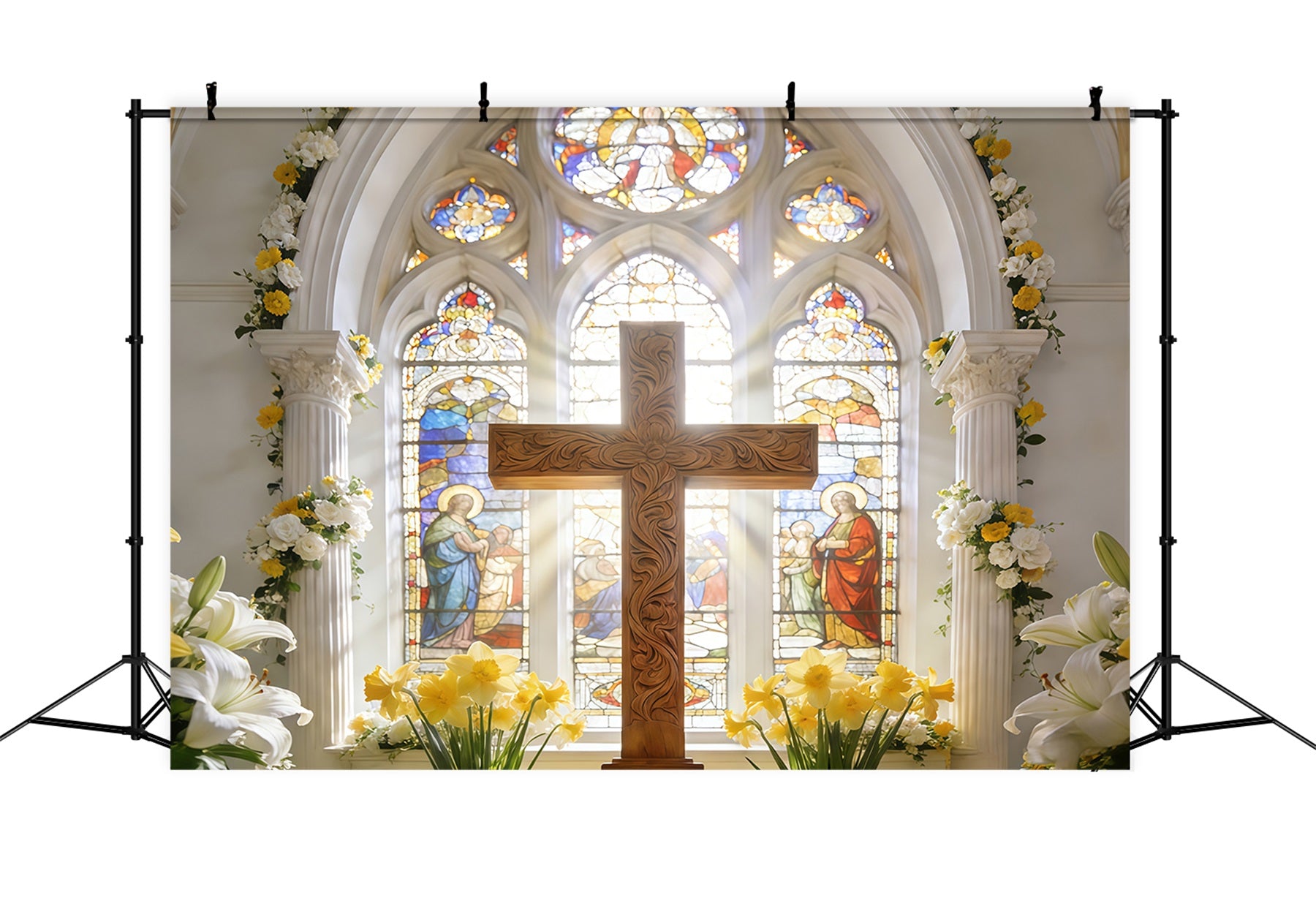 Cross Backdrops Sacred Cathedral Cross Stained Glass Easter Backdrop CSH61-40