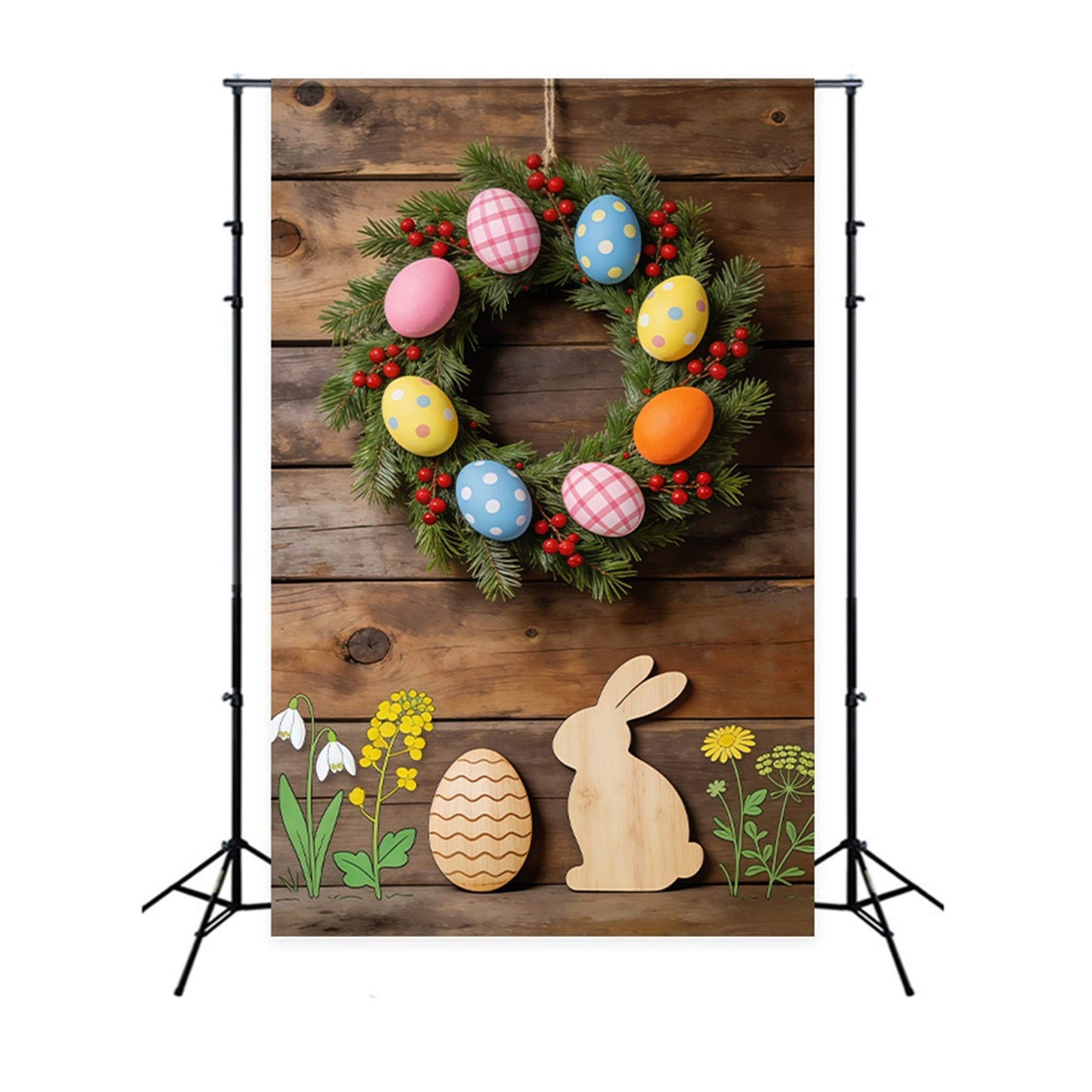 Easter Spring Floral Wreath Backdrop Wooden Bunny Floral Cutouts Easter Picture Backdrop Ideas CSH61-62