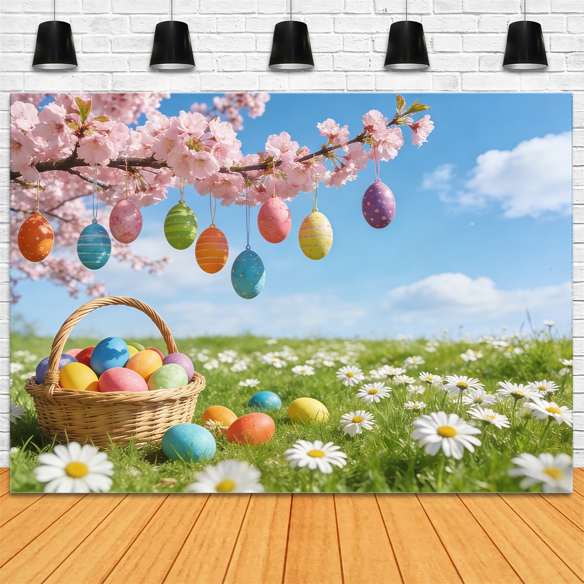 Easter Cherry Blossom Backdrop Hanging Egg Meadow Blossom Backdrops For Easter Pictures CSH61-70