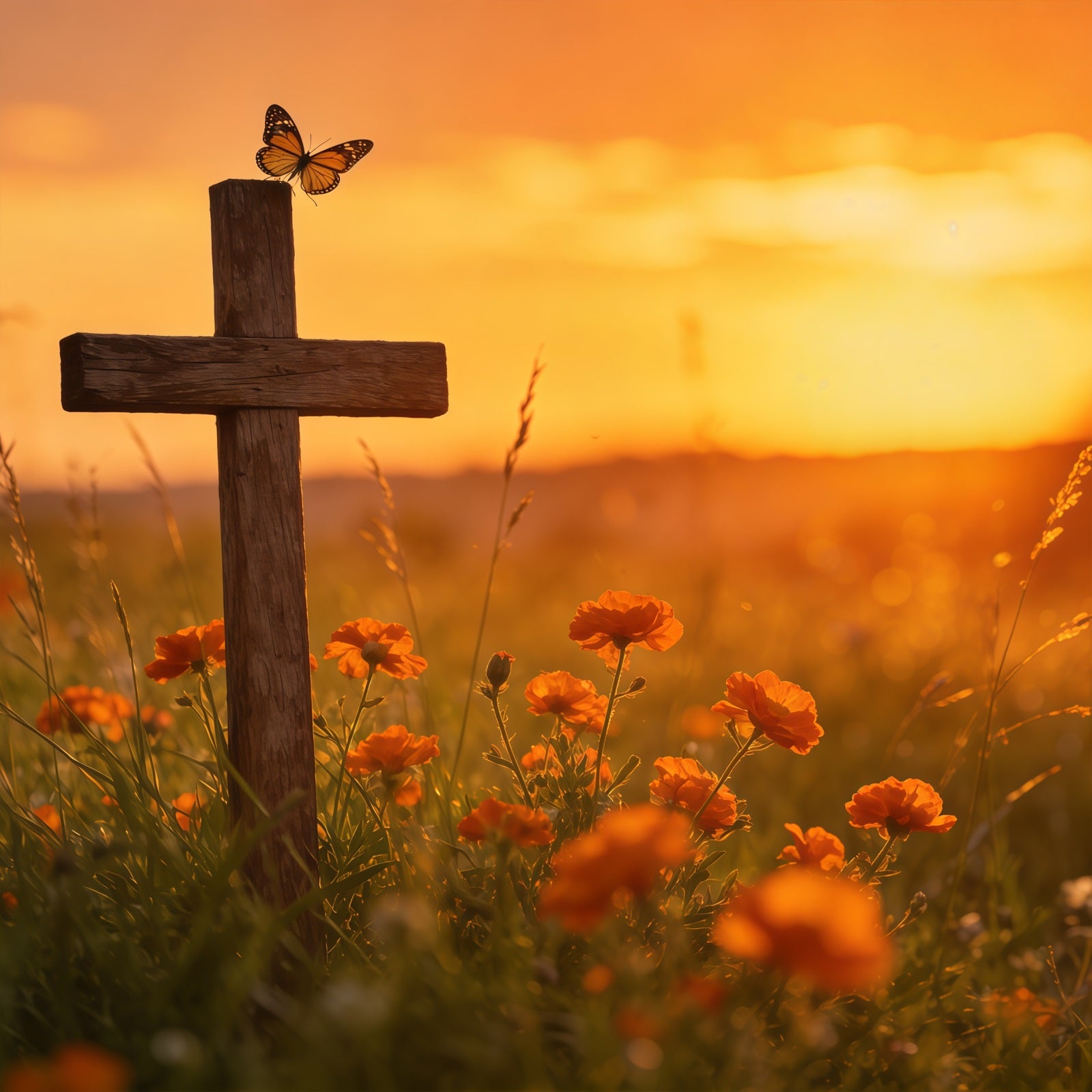 Easter Butterfly Backdrop Sunset Cross Wildflower Field Backdrop For Easter Pictures CSH61-71