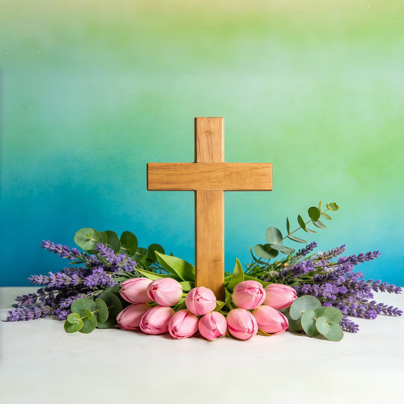 Easter Church Photo Backdrop Spring Flowers Cross Teal Wall Easter Backdrop Ideas CSH61-8