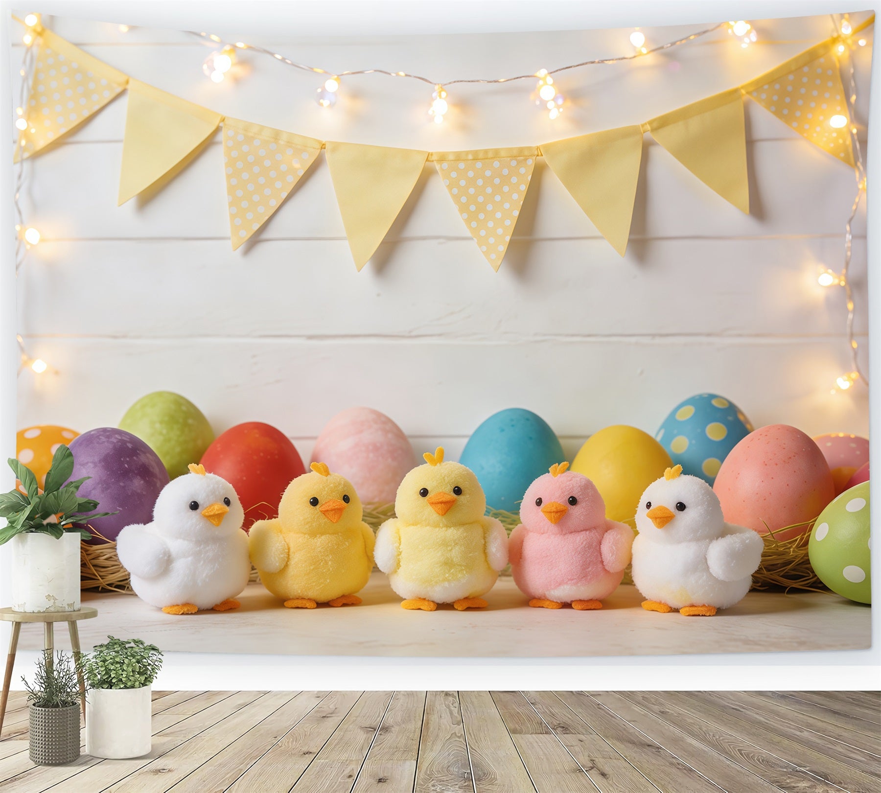 Easter Marshmallow Chick Backdrop Colorful Eggs Bunting Flags Photography Backdrop Easter CSH61-85