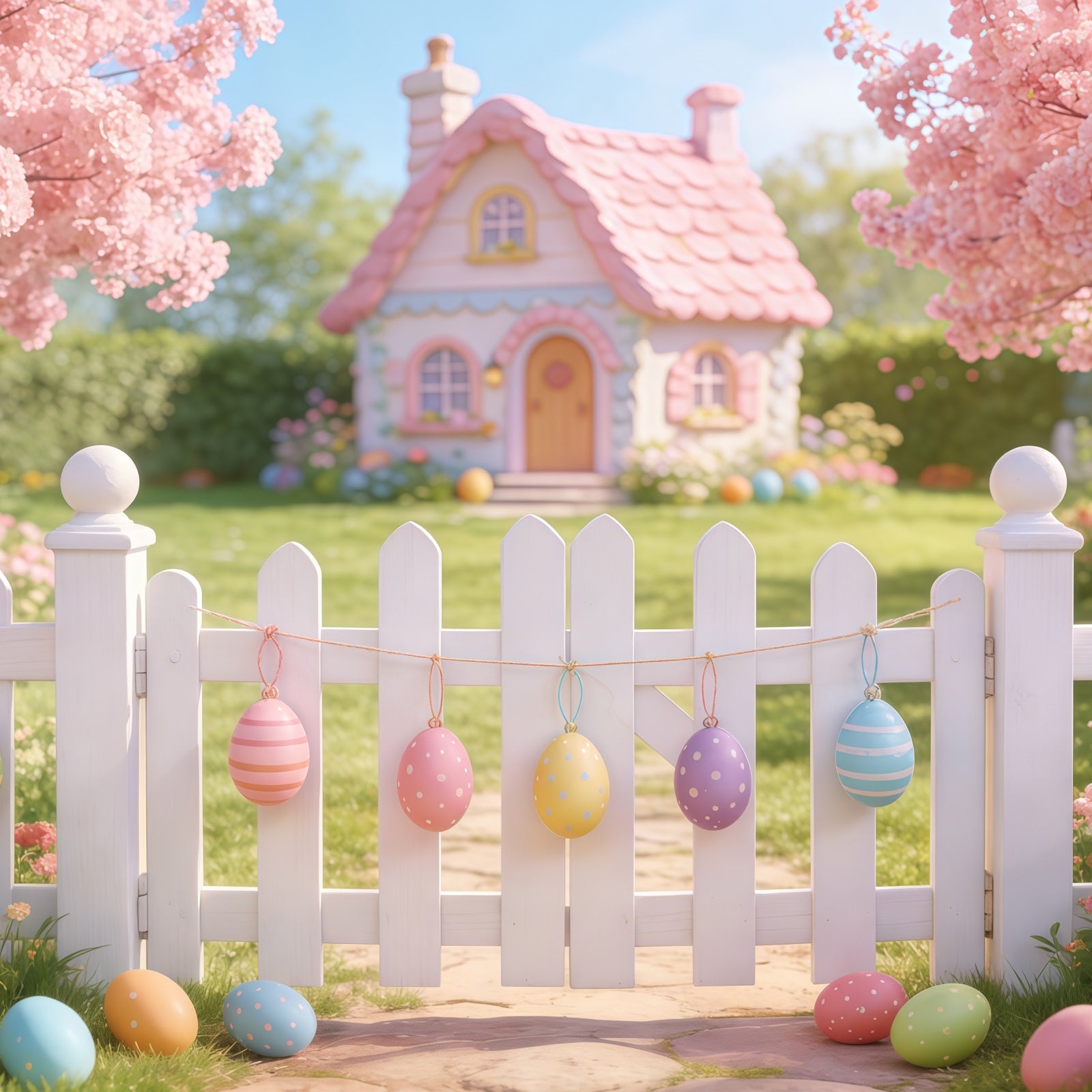 Easter Cottage Garden Backdrop Pink House Fence Blossom Eggs Simple Easter Backdrop CSH61-89