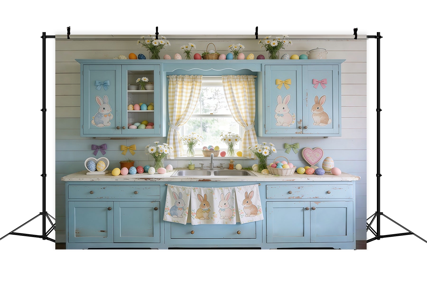 Easter Cute Backdrop Blue Cabinet Bunny Eggs Daisies Photography Backdrops Easter CSH61-90