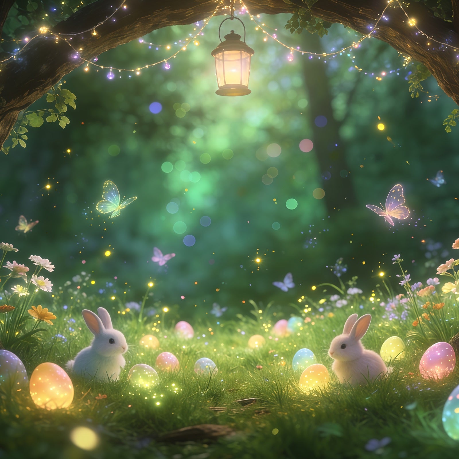 Easter Fairytale Backdrop Enchanted Forest Bunny Glowing Eggs Easter Party Backdrop CSH61-91