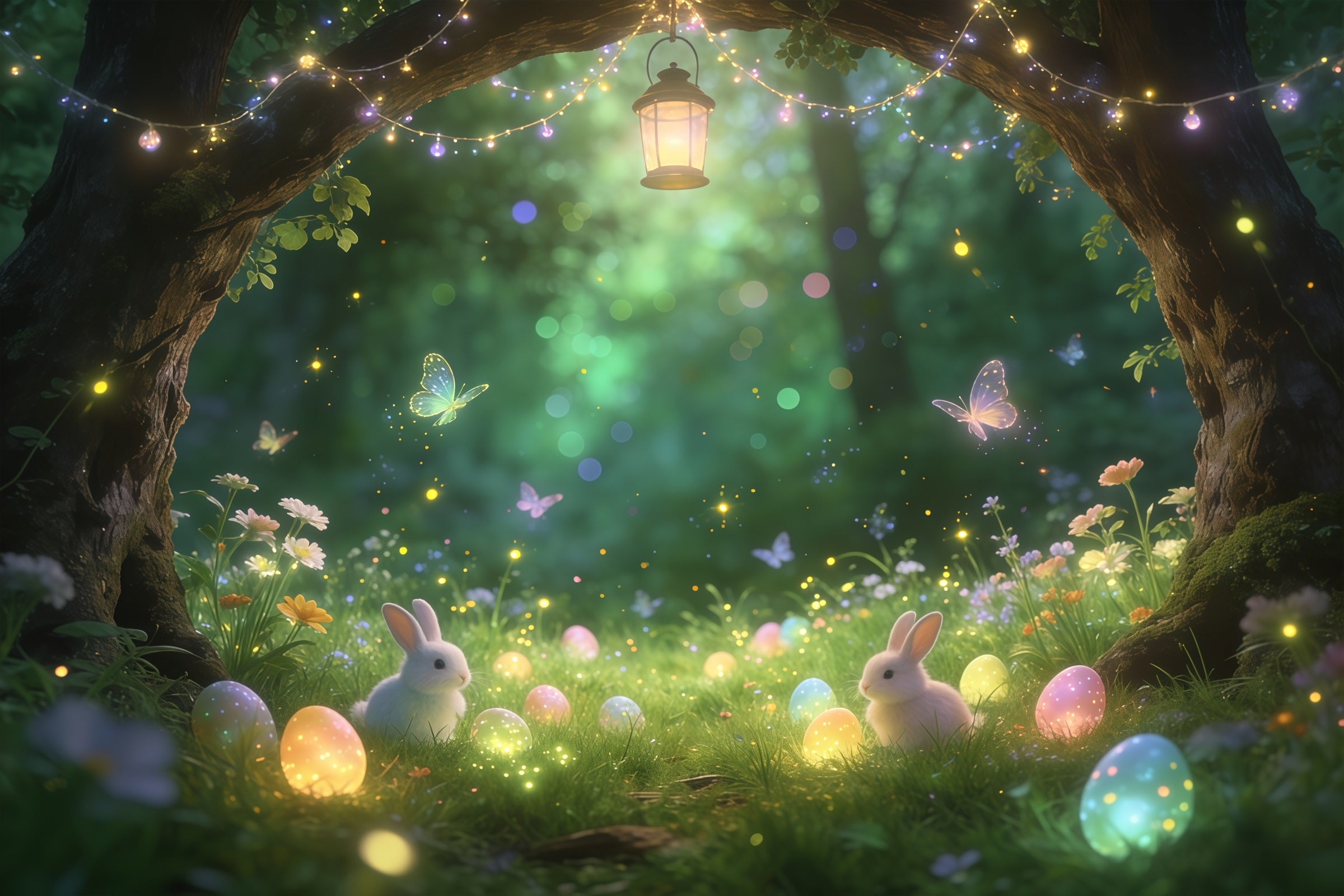 Easter Fairytale Backdrop Enchanted Forest Bunny Glowing Eggs Easter Party Backdrop CSH61-91