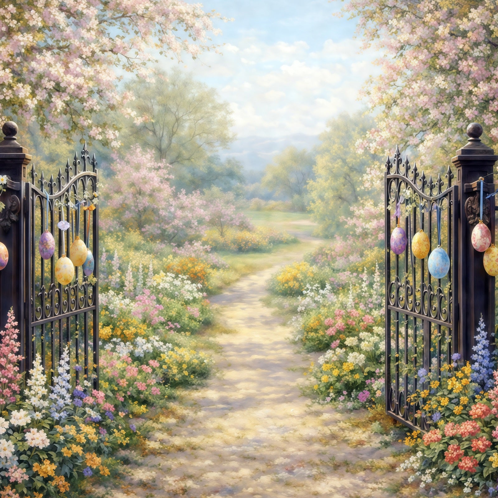 Easter Vintage Floral Backdrop Garden Gate Blossom Path Eggs 10x10 Easter Backdrops CSH61-93