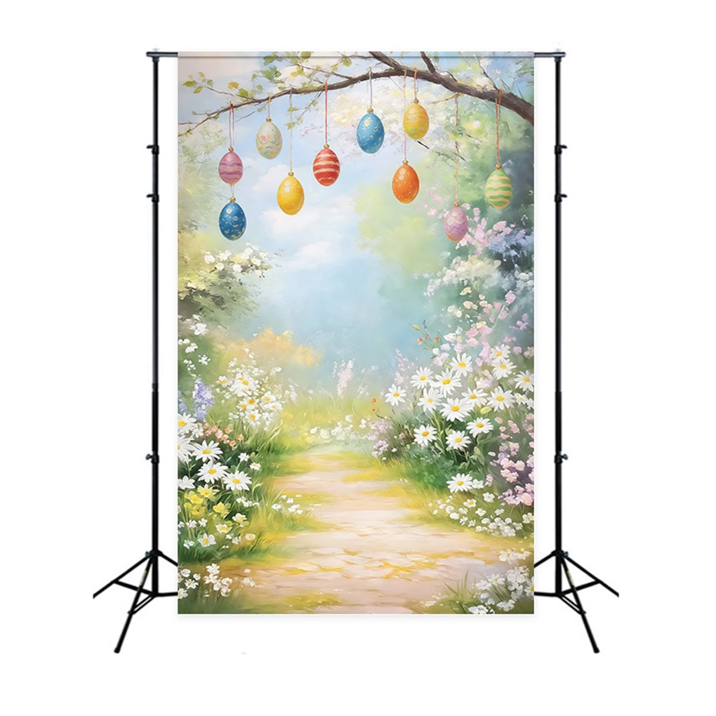 Easter Vintage Floral Backdrop White Blossom Meadow Daisies Egg 10x10 Easter Backdrops CSH61-94