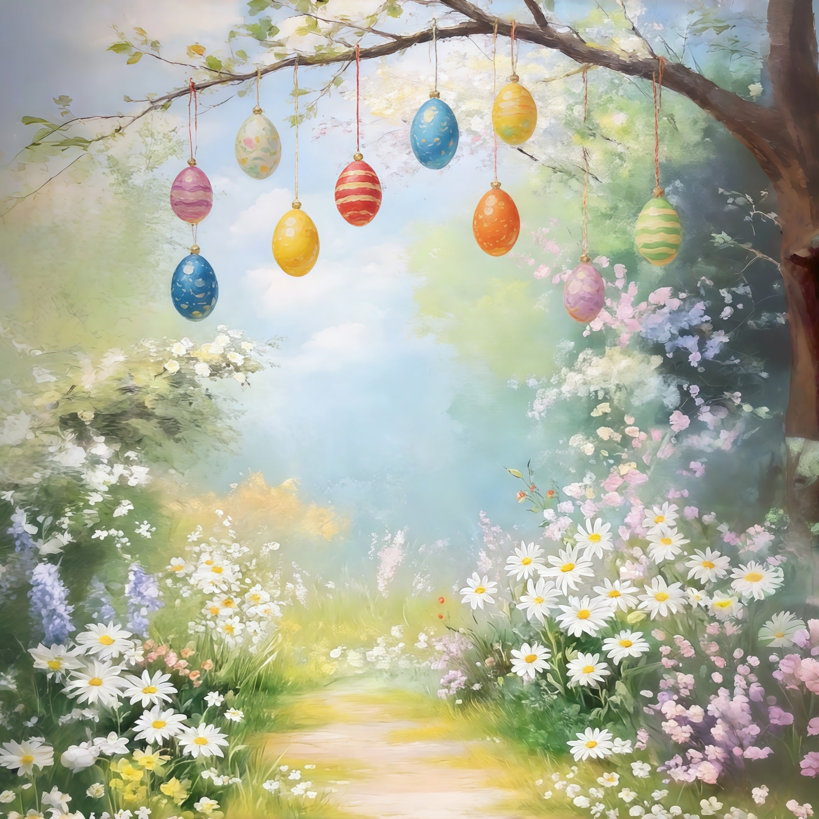 Easter Vintage Floral Backdrop White Blossom Meadow Daisies Egg 10x10 Easter Backdrops CSH61-94