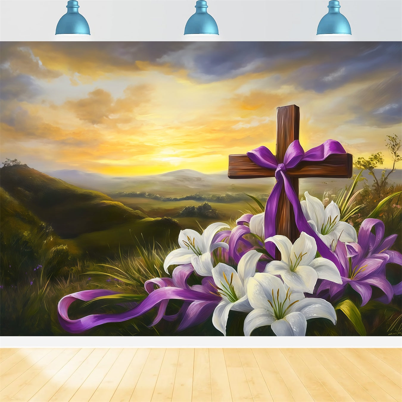 Easter Cross And Lilies Backdrop Sunset Mountain Religious Photo Backdrops For Easter CSH62-103